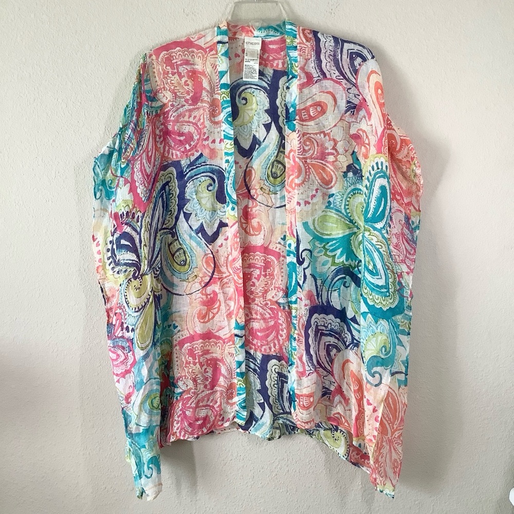 CHICO'S Linen Kimono Poncho Top Paisley Resort Beach Vacation Boho Hippie L XL